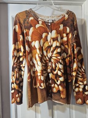 Womens Christopher & Banks Floral Button-Front Cardigan Sweater - Rust Multi